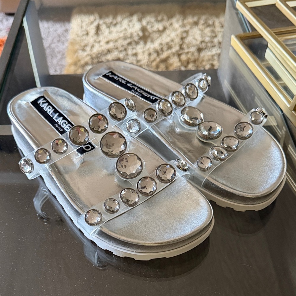 Karl Lagerfeld Clear Strap Silver Jeweled Slide Sandals